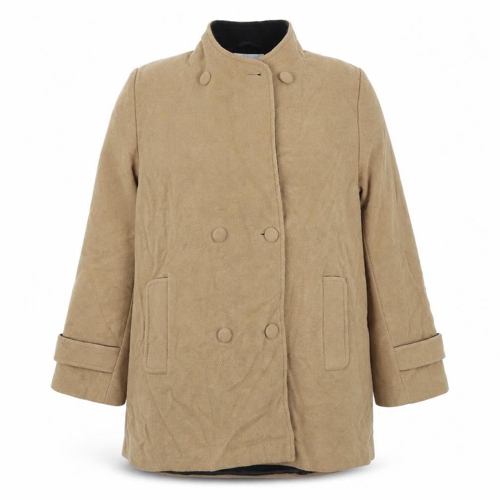 Front view of EWM women’s beige pea coat coat, size UK 16, button