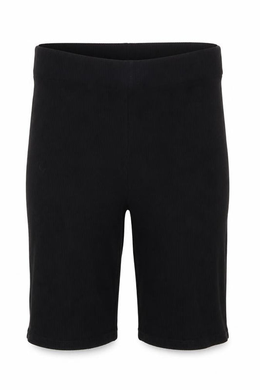 Front view of H&M women’s black polyester biker shorts, size M, 9-inch leg regular