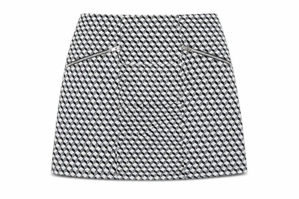 Front view of Atmosphere women’s grey geometric polyester a-line skirt, size UK 10