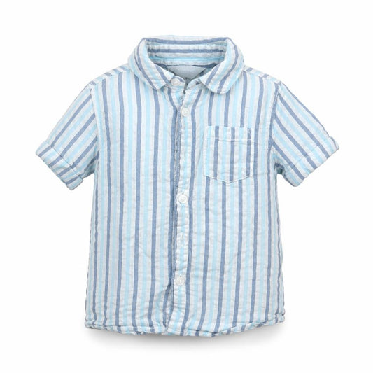 Front view of Primark boys’ blue striped cotton basic button-up, size 12-18, months collared button
