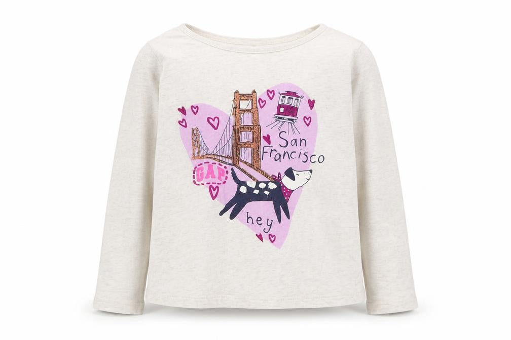 Front view of Gap girls’ beige cotton basic t-shirt, size 5, years round neck