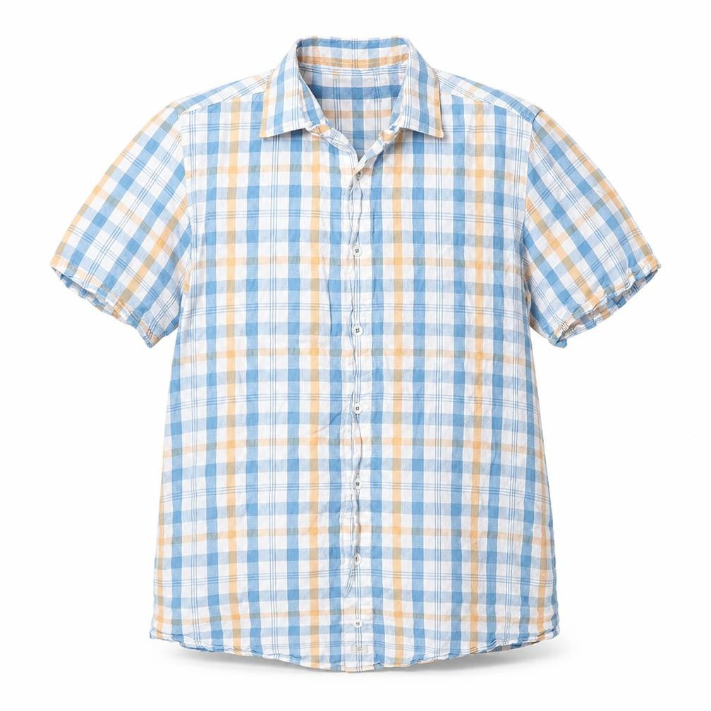 Front view of Bar Harbour men’s blue check cotton button-up, size M, collared button