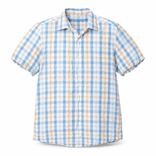 Front view of Bar Harbour men’s blue check cotton button-up, size M, collared button