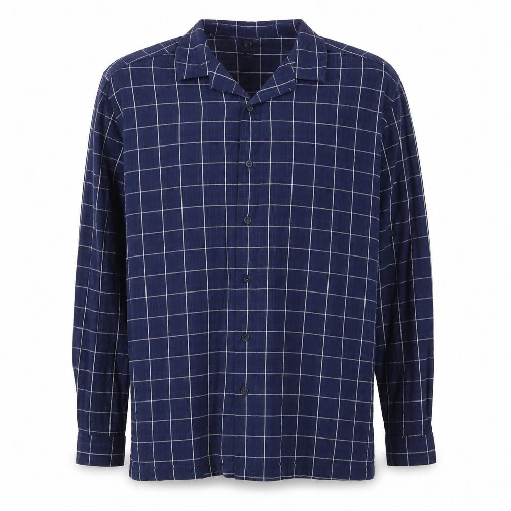 Front view of H&M men’s blue check cotton button-up, size M, collared button