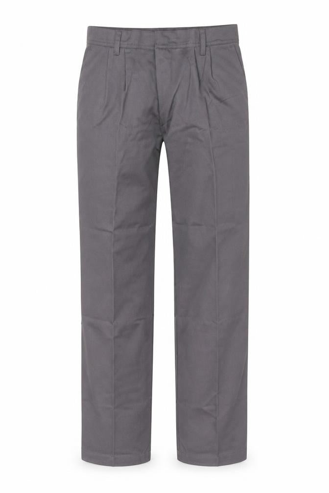 Front view of ashdan men’s grey polyester trousers, size 30, in, 31-inch leg regular zip