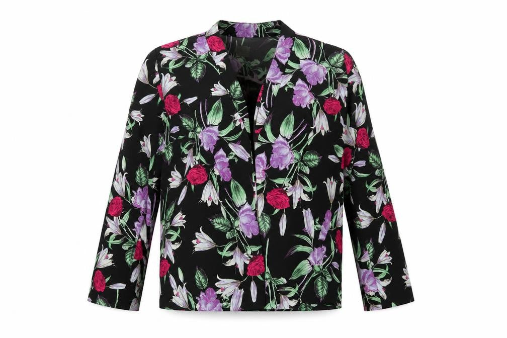 Front view of ASOS women’s black floral jacket, size UK 10