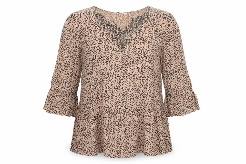 Front view of Joanna Hope women’s beige viscose basic blouse, size UK 12, v-neck