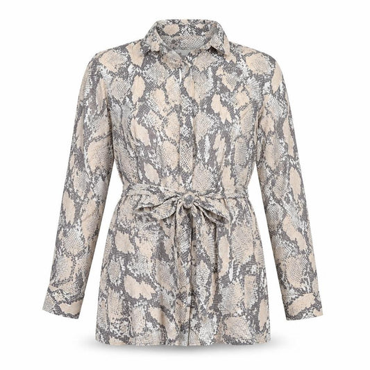 Front view of H&M women’s beige animal print viscose basic button-up, size M, collared