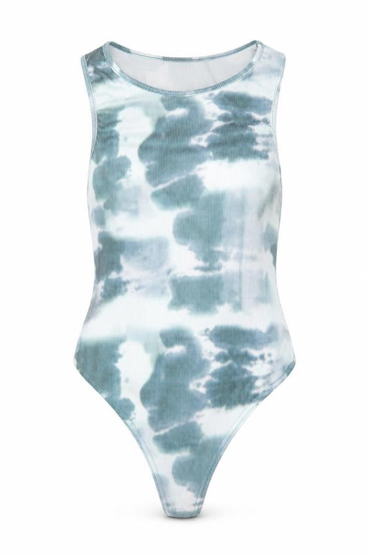 Front view of PRETTYLITTLETHING women’s green batik polyester bodysuit one-piece, size UK 8, snap