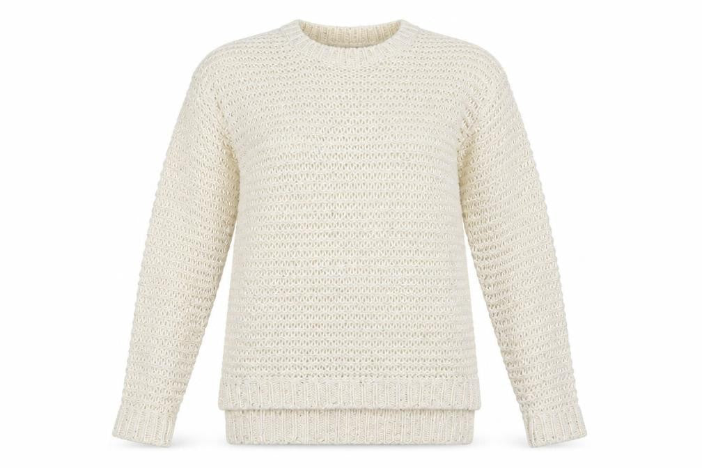 Front view of New Look women’s ivory crew neck acrylic jumper, size UK 8
