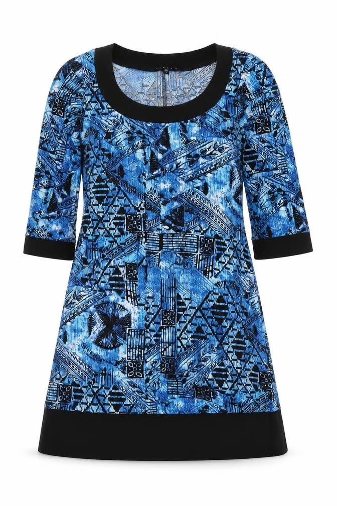 Front view of Tiana B women’s blue geometric polyester a-line, size S, round neck pullover