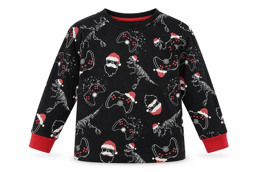 Front view of Matalan boys’ black solid cotton pyjama top, size 5, years - christmas prints