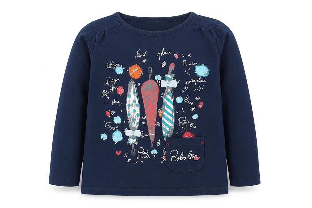 Front view of Boboli girls’ blue cotton basic t-shirt, size 4, years round neck pullover - umberellas