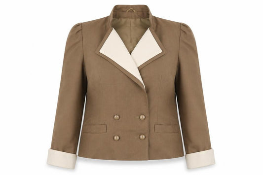 Front view of Premier Collection women’s brown jacket, size UK 10, button