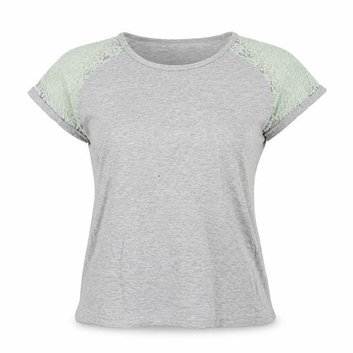 Beyou Womens Grey  Cotton Basic T-Shirt Size 12 Crew Neck - Lace Sleeve details