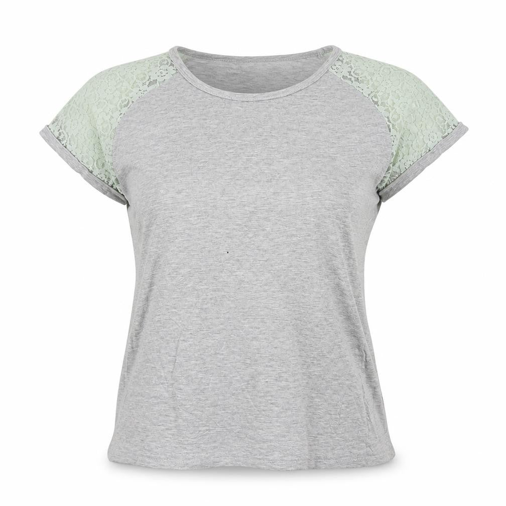 Beyou Womens Grey  Cotton Basic T-Shirt Size 12 Crew Neck - Lace Sleeve details
