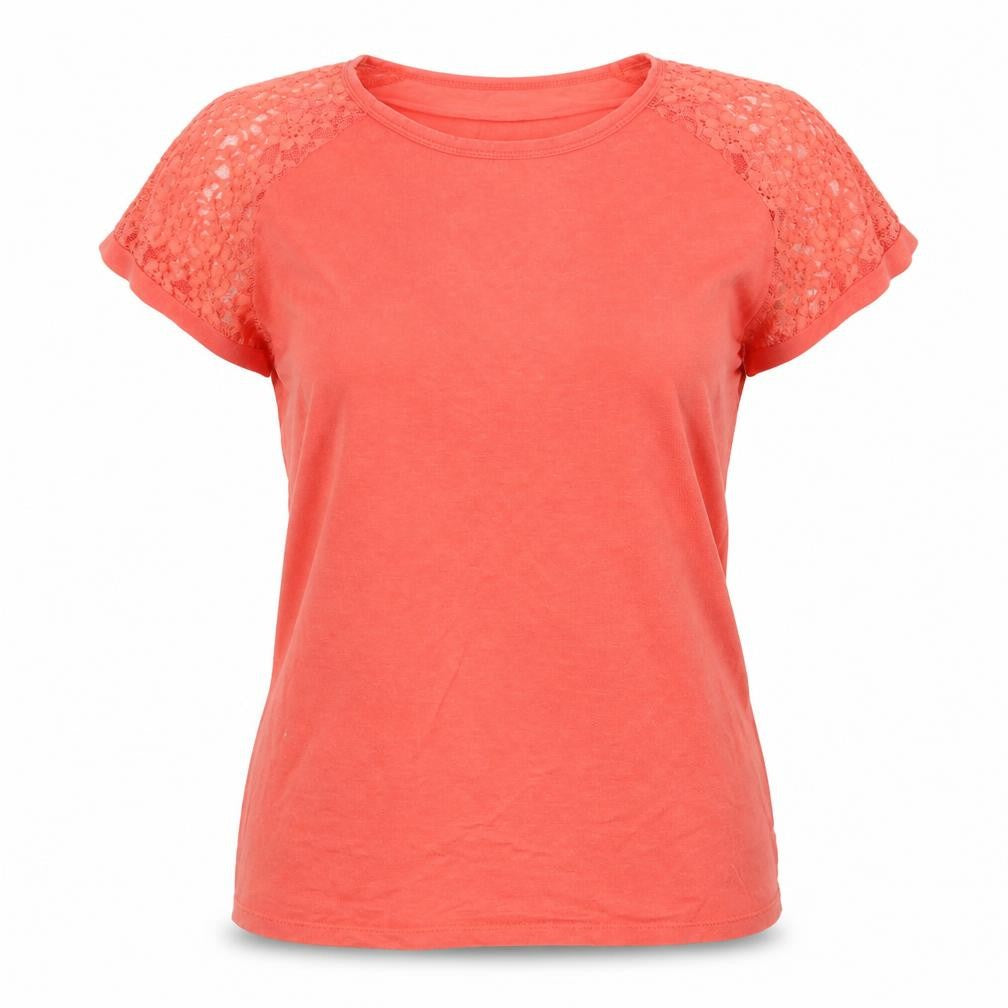 Beyou Womens Orange  Cotton Basic T-Shirt Size 12 Crew Neck - Lace Sleeve