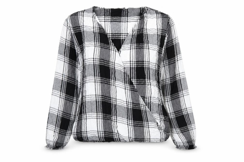 Front view of Papaya women’s black plaid viscose basic blouse, size M, v-neck