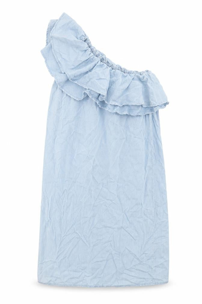 Front view of New Look women’s blue lyocell a-line, size UK 4, one shoulder
