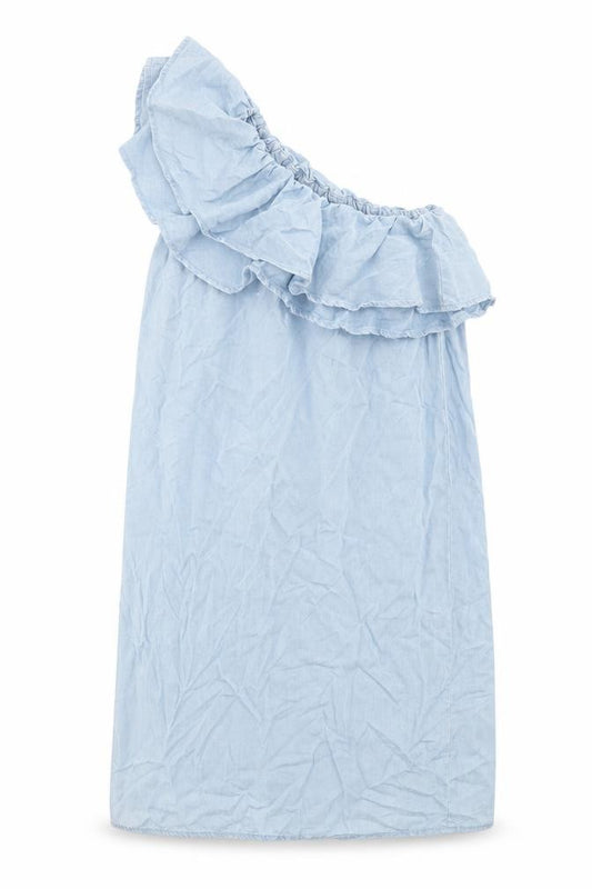 Front view of New Look women’s blue lyocell a-line, size UK 4, one shoulder