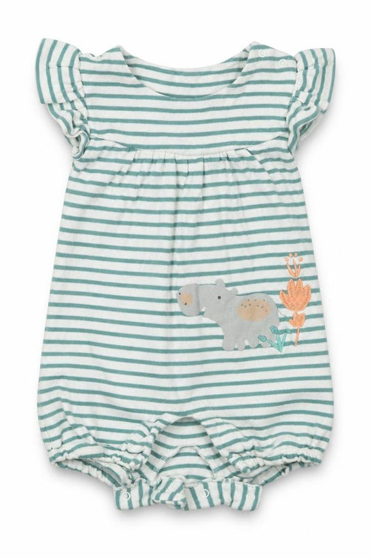Front view of Marks & Spencer Baby Green Striped Cotton Babygrow One-Piece, size 6-9, Months Buckle