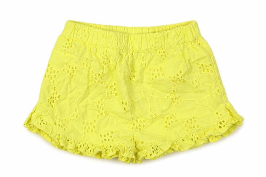 Front view of Nutmeg girls’ yellow argyle/diamond cotton shorts outfit/set, size 0-3, months