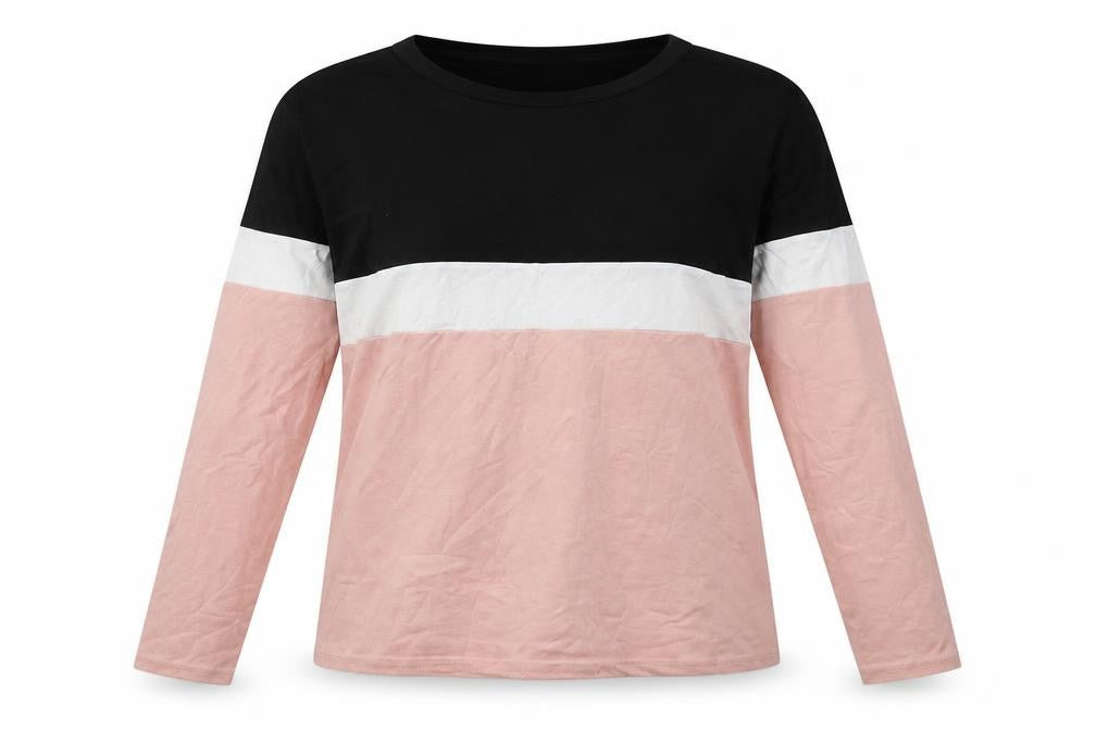 Front view of SHEIN women’s pink striped cotton pullover sweatshirt, size S, pullover