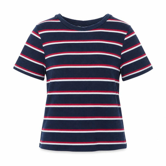 Front view of H&M women’s blue striped cotton basic t-shirt, size S, round neck