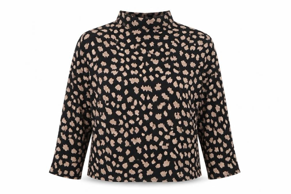Front view of Peacocks women’s black animal print viscose basic blouse, size UK 8, mock neck - leopard print
