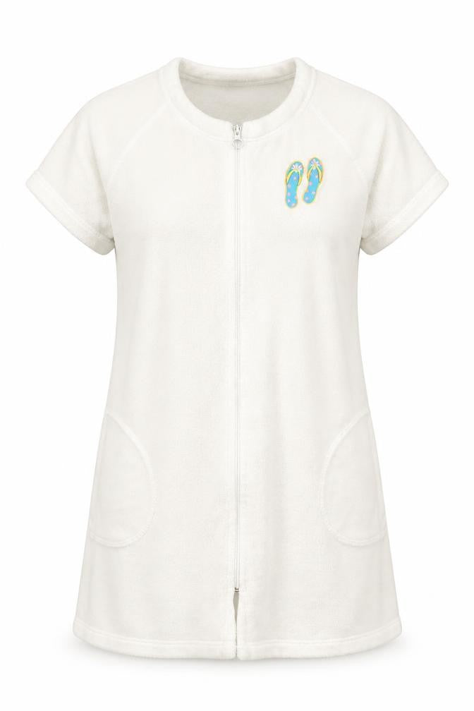 Front view of Palm Grove women’s white polyester chemise robe, size M, zip