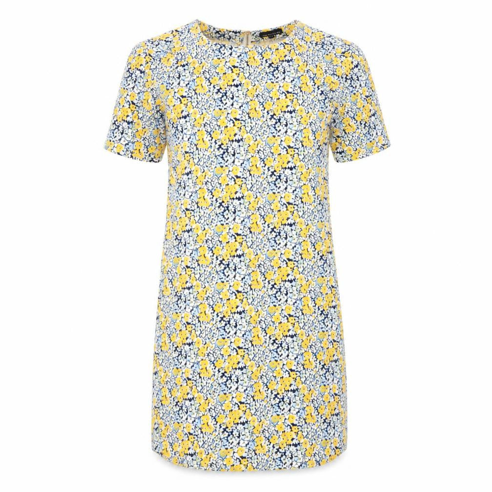 Front view of Warehouse women’s yellow floral polyester shift, size UK 8, round neck zip