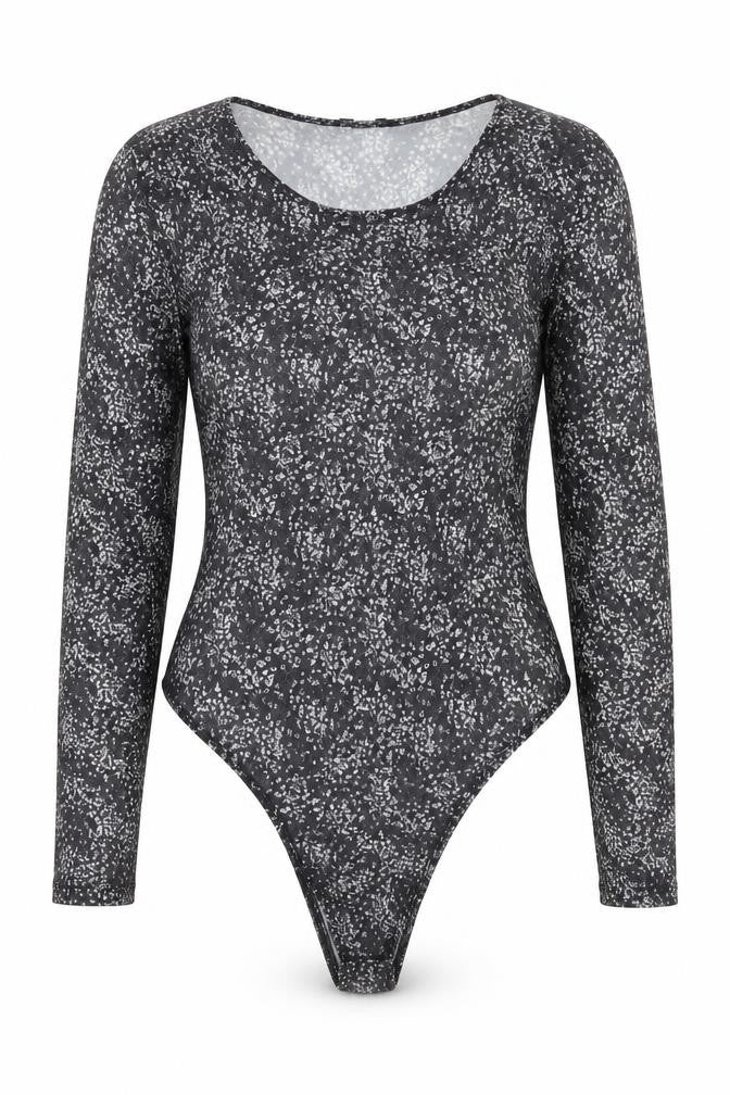 Front view of Primark women’s grey floral polyester bodysuit one-piece, size UK 10, snap