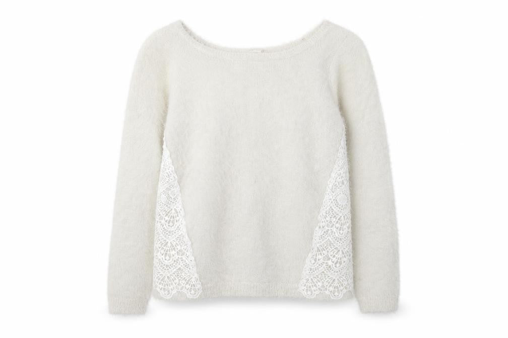 Front view of Cache Cache women’s white boat neck acrylic jumper, size M