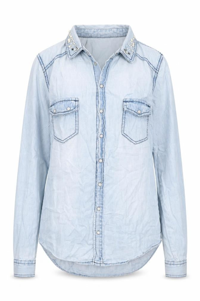 Front view of Pimkie women’s blue cotton basic blouse, size S, collared - pearls