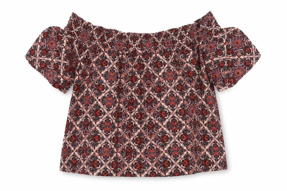 Front view of Topshop women’s red geometric viscose basic blouse, size UK 8, off the shoulder