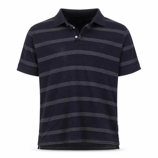 Front view of Stone Bay Golf men’s blue striped cotton polo, size XL, collared