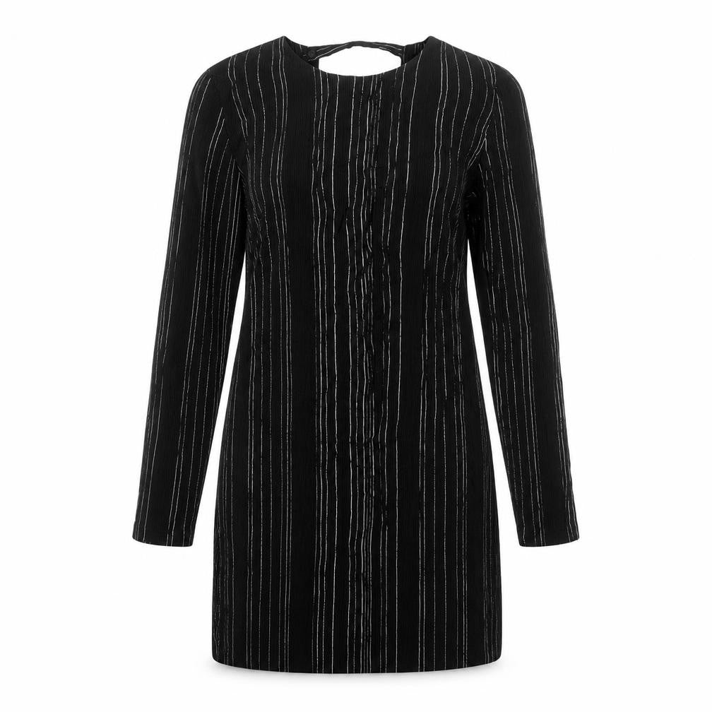 Front view of Mango women’s black striped viscose shift, size L, round neck