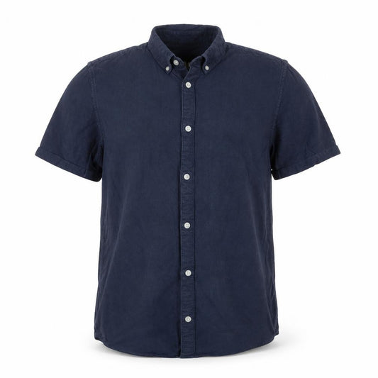 Front view of Very men’s blue cotton button-up, size M, collared button