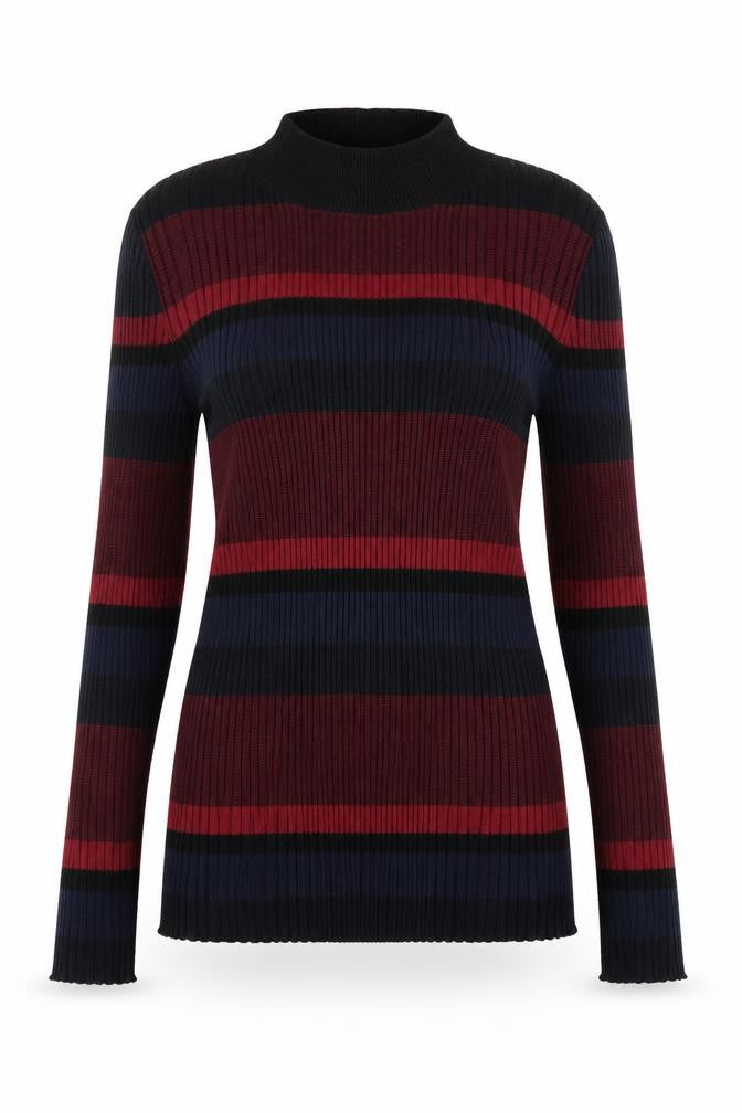 Front view of Papaya women’s red round neck striped cotton jumper, size UK 12