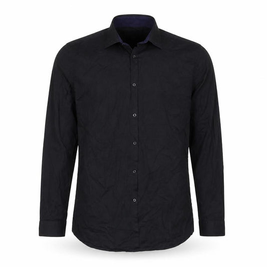 Front view of Cedarwood State men’s black cotton button-up, size 16, collared button