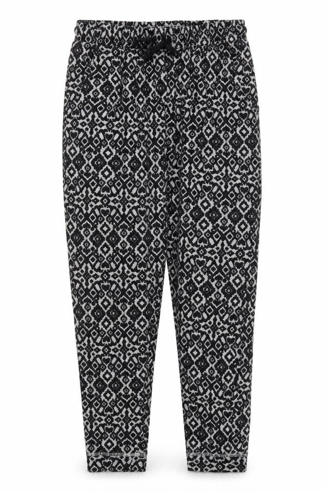 Front view of H&M women’s grey geometric cotton trousers, size S, 23-inch leg regular drawstring - pyjama pants