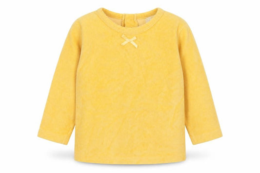 Front view of Kids Minis girls’ yellow cotton basic t-shirt, size 3, years crew neck button