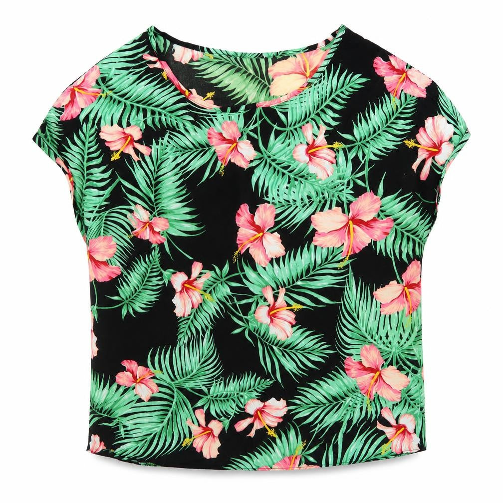 Front view of Atmosphere women’s black floral viscose basic blouse, size UK 8, round neck