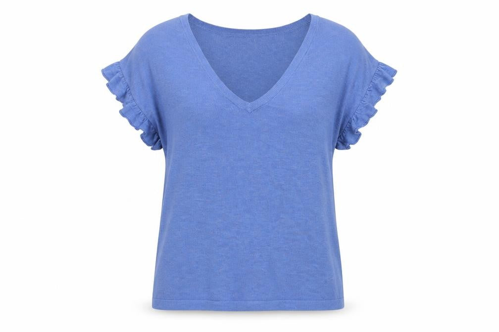 Front view of Next women’s blue v-neck acrylic jumper, size M