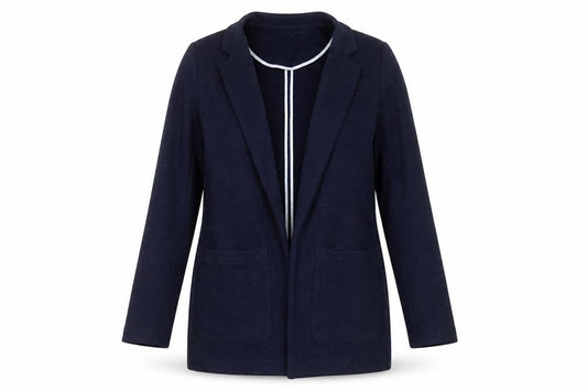 Front view of Next women’s blue geometric jacket, size UK 12