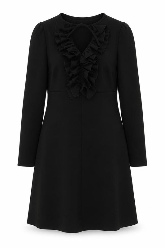 Front view of Mademoiselle R women’s black polyester a-line, size UK 10, round neck - ruffle detail