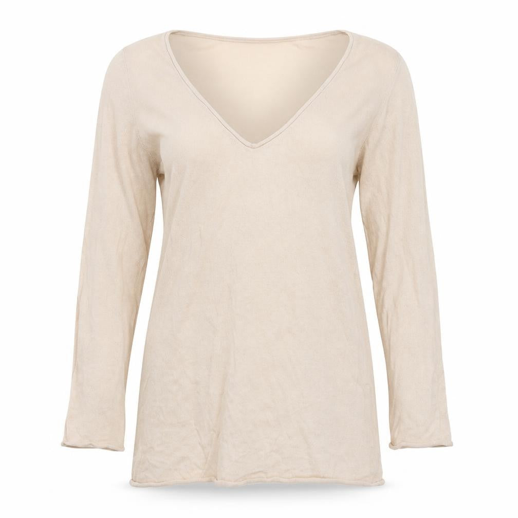 Front view of Gap women’s beige v-neck cotton jumper, size S