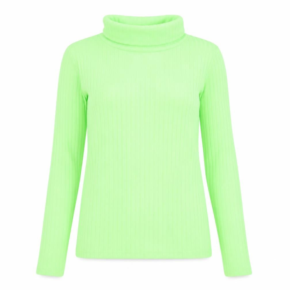 Front view of PRETTYLITTLETHING women’s green striped polyester basic t-shirt, size UK 10, roll neck
