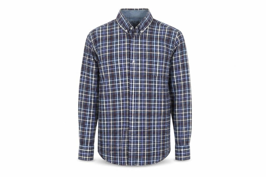 Front view of Oak valley men’s blue check cotton button-up, size S, collared button