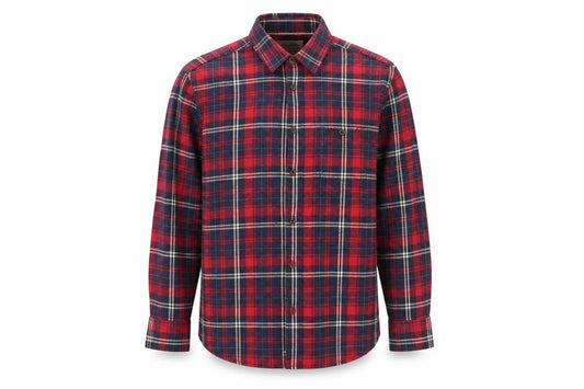 Front view of Burton men’s red check cotton button-up, size S, collared button